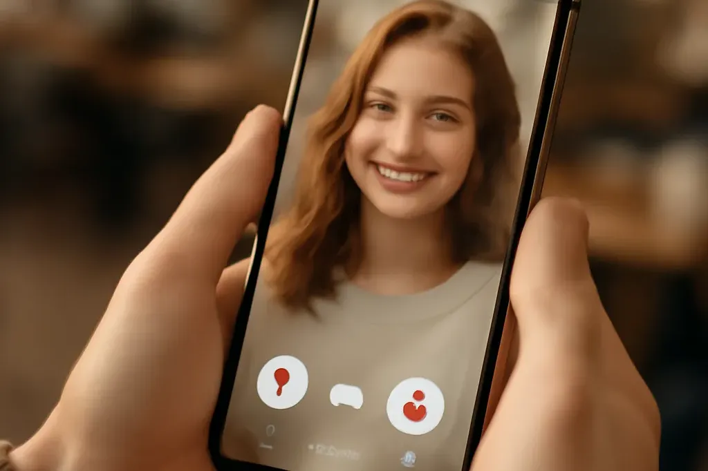 Femme tenant un iPhone avec une app de rencontre, café en arrière-plan