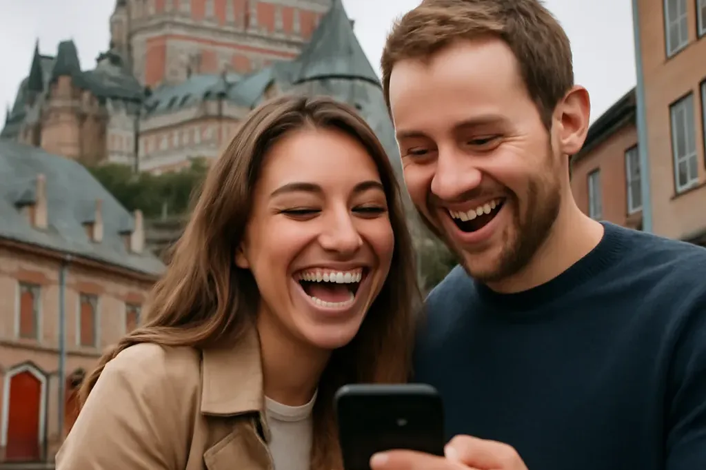 Couple heureux regardant leur téléphone ensemble, souriant, fond de Québec