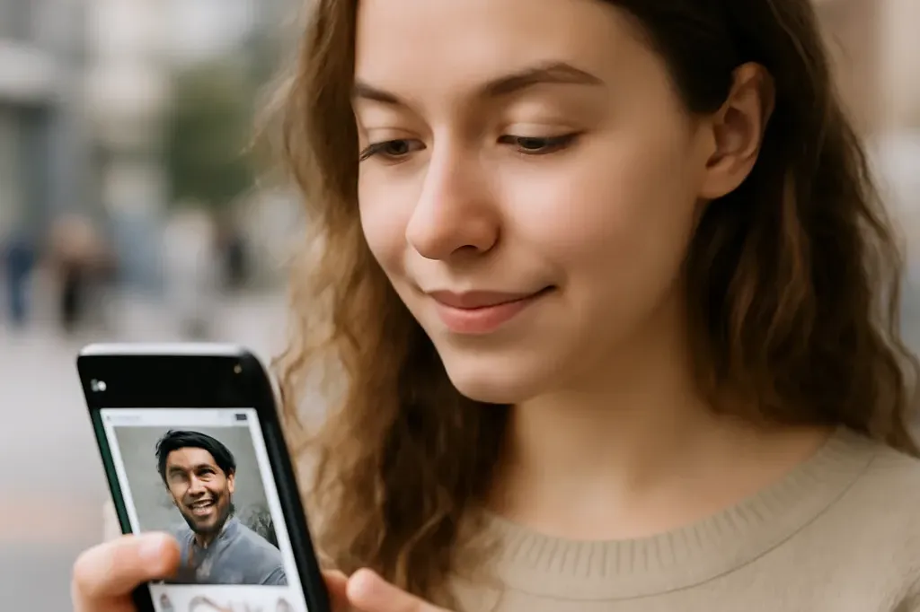 Jeune femme consultant une app de rencontre sur iPhone dans un café