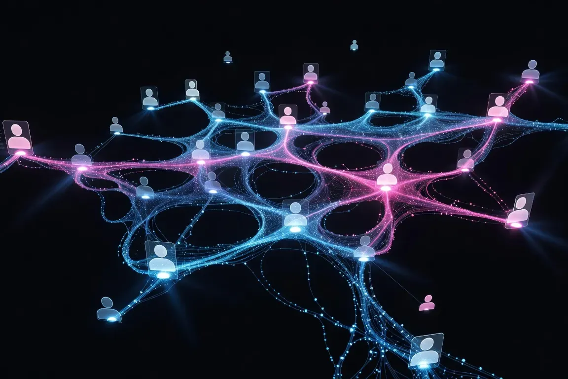 Visualisation abstraite d'un algorithme IA connectant des profils de rencontre