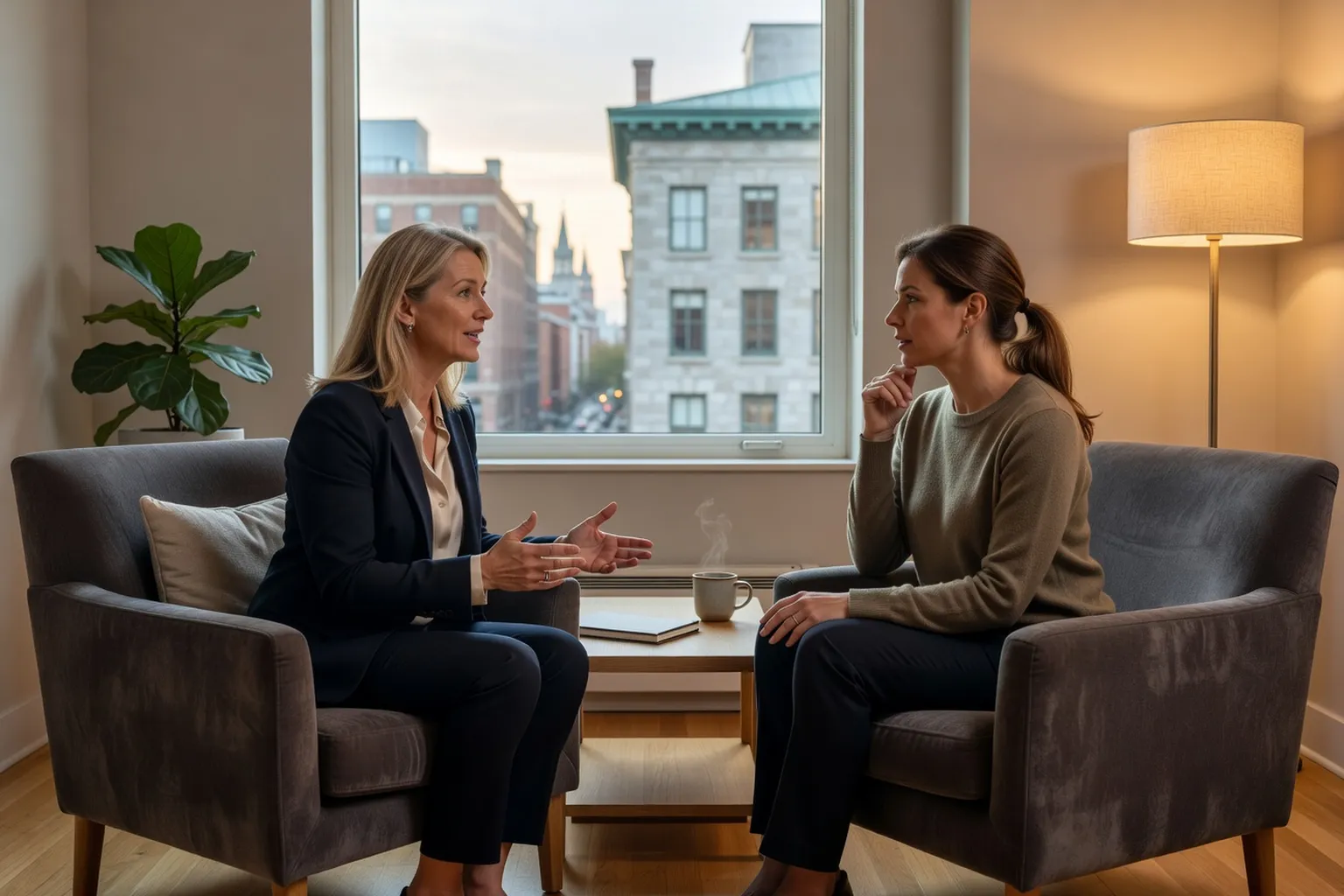 Coach en relations amoureuses dans son bureau lumineux à Montréal