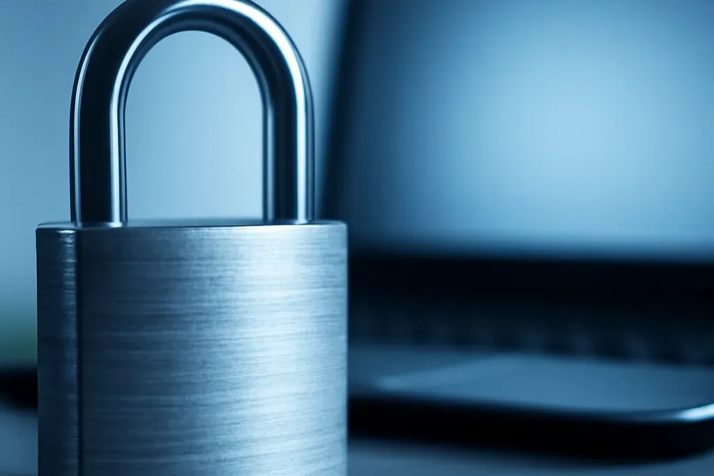 Cadenas en gros plan avec ordinateur portable en arrière-plan, concept de sécurité numérique