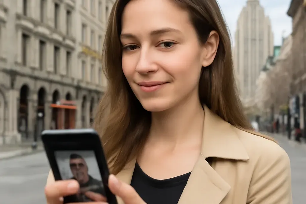 Femme utilisant une app de rencontre avec confiance dans un espace public à Montréal