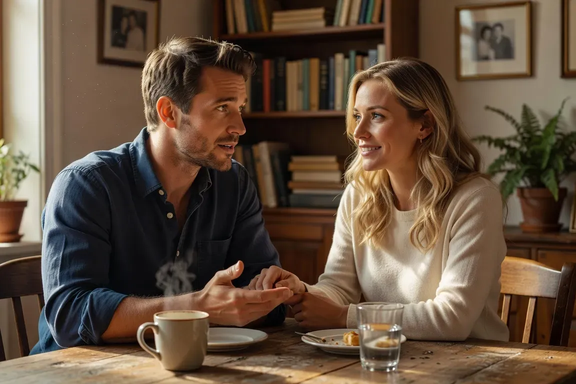 Couple en conversation ouverte, mains sur la table, intérieur chaleureux