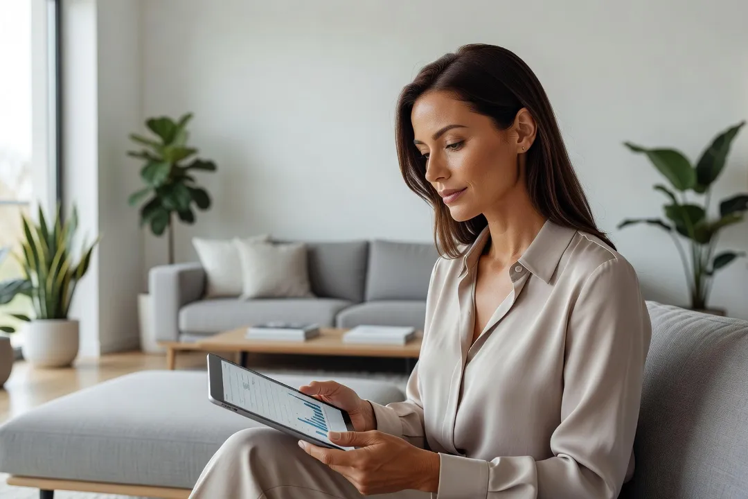 Graphique conceptuel illustré par une femme regardant des données démographiques sur une tablette dans un appartement lumineux