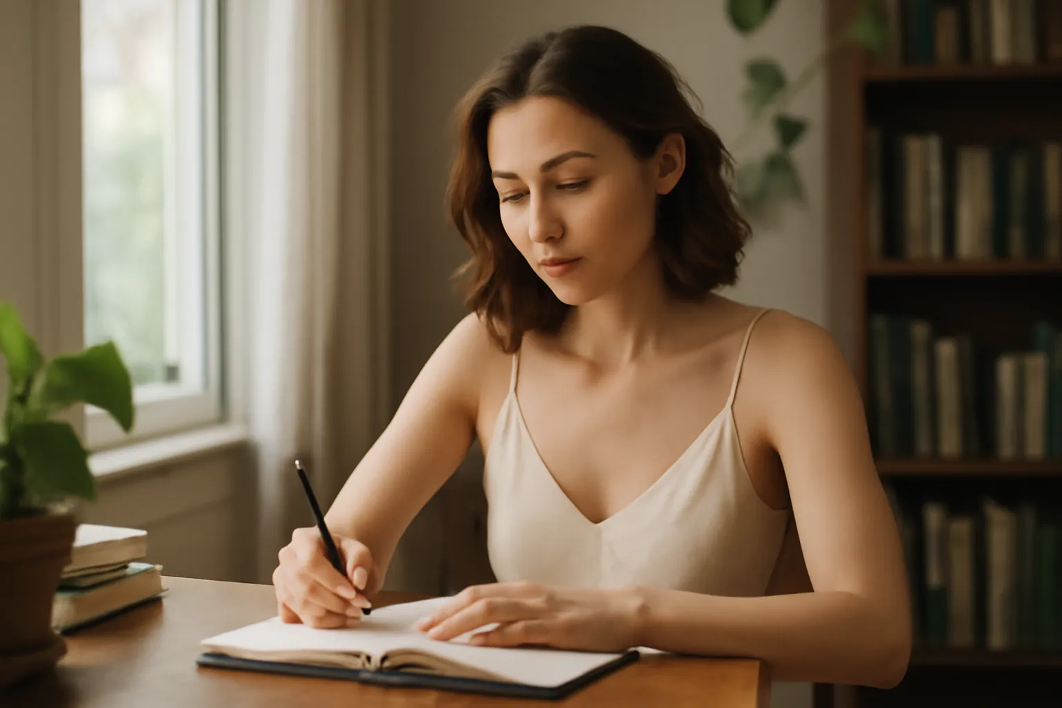 Femme rédigeant son profil de rencontre dans un journal, dans un salon calme