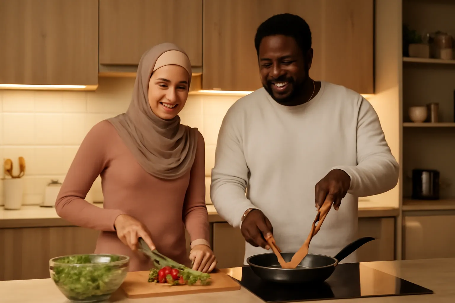 Couple de cultures différentes cuisinant ensemble dans une cuisine moderne