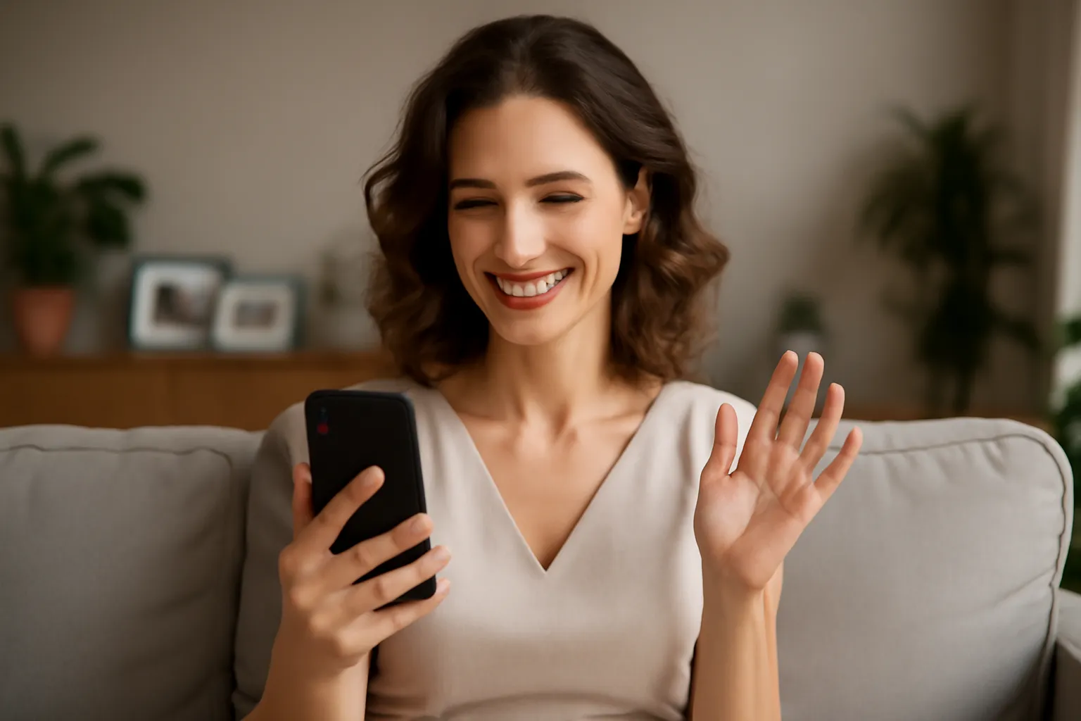 Femme souriante en appel vidéo depuis son salon, saluant la caméra de la main