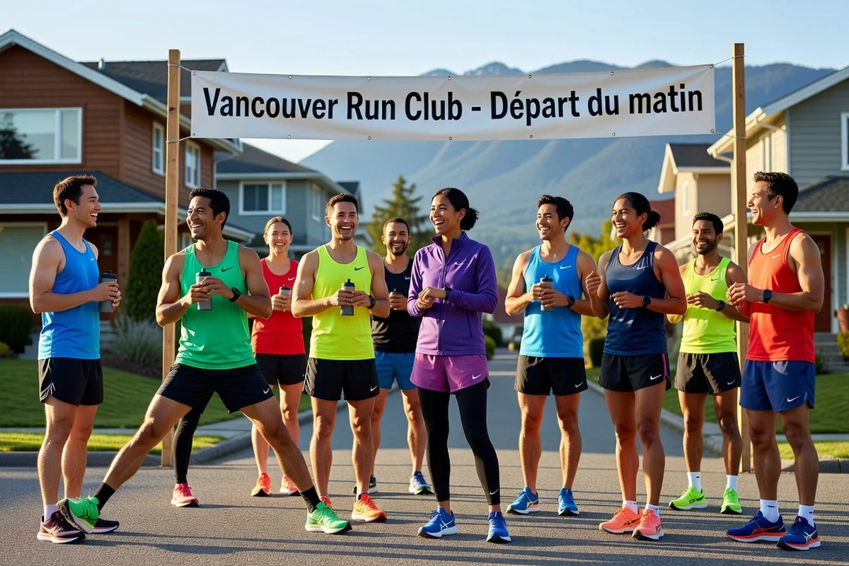 Groupe d'adultes souriants en tenue de course se préparant au départ d'un run club dans un quartier résidentiel de Vancouver