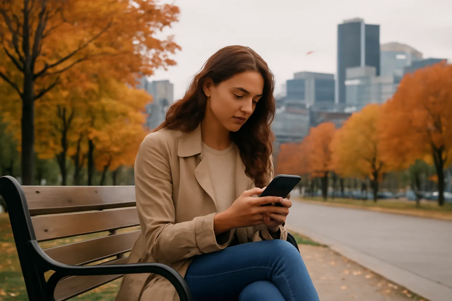 Jeune femme assise sur un banc dans un parc en automne, vérifiant les paramètres de confidentialité de son application de rencontre