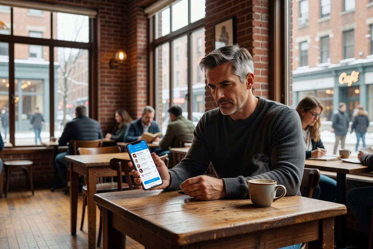 Homme quarantenaire consultant une application de rencontre sur son téléphone dans un café tranquille de Montréal, expression réfléchie