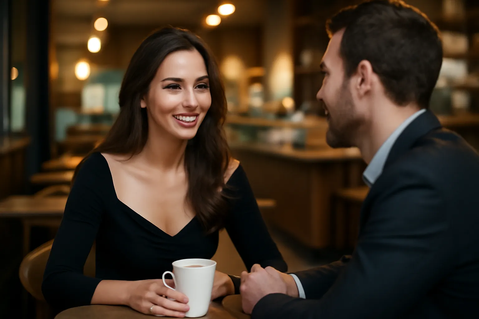 Une femme et un homme souriants échangeant en tenant des tasses de café lors d'un premier rendez-vous