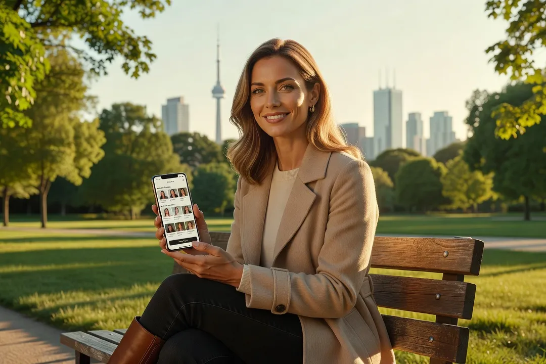 Femme souriante tenant son téléphone avec une application de rencontre ouverte, assise dans un parc urbain au Canada