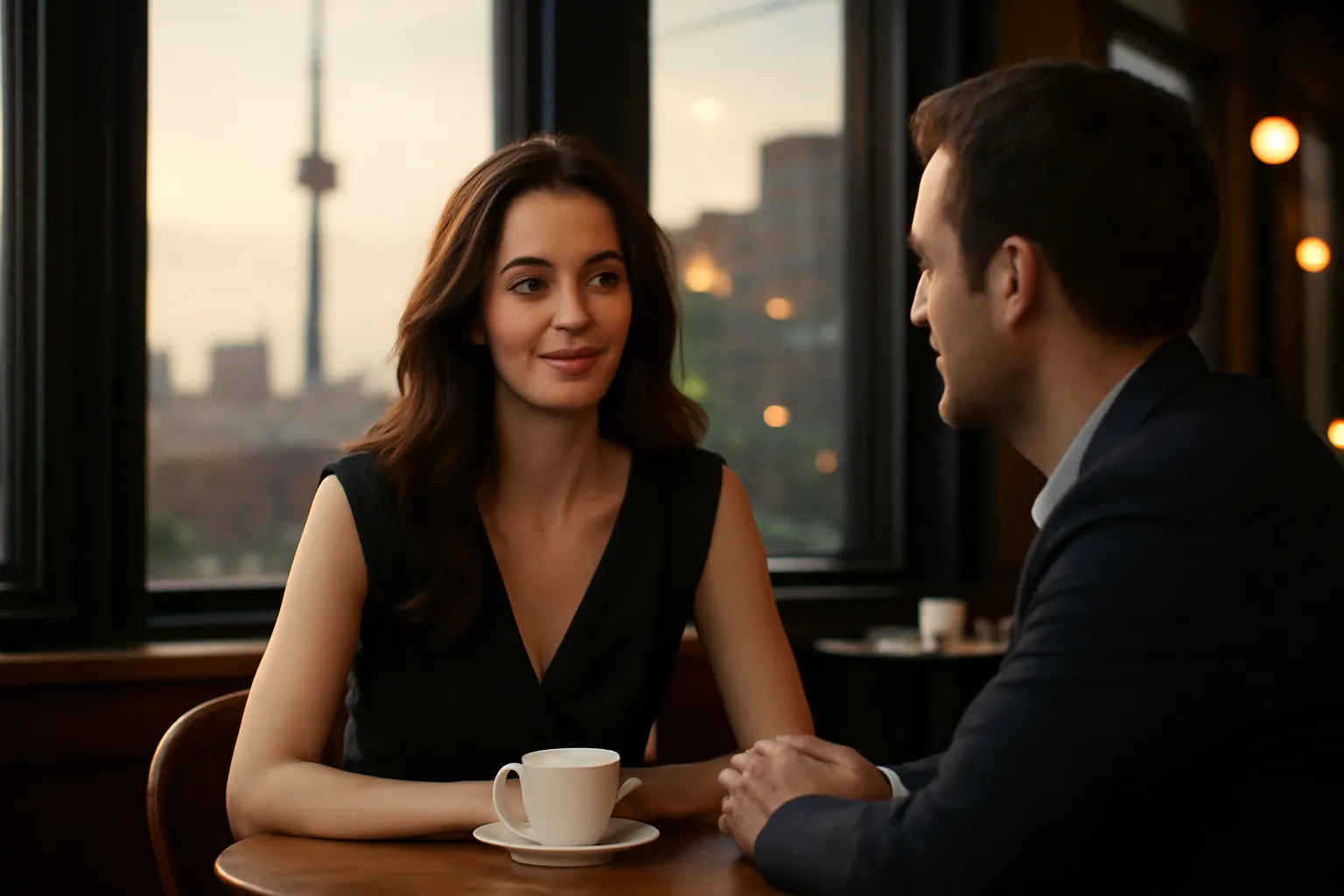 Couple discutant tranquillement à une table de café, dans une ambiance intime