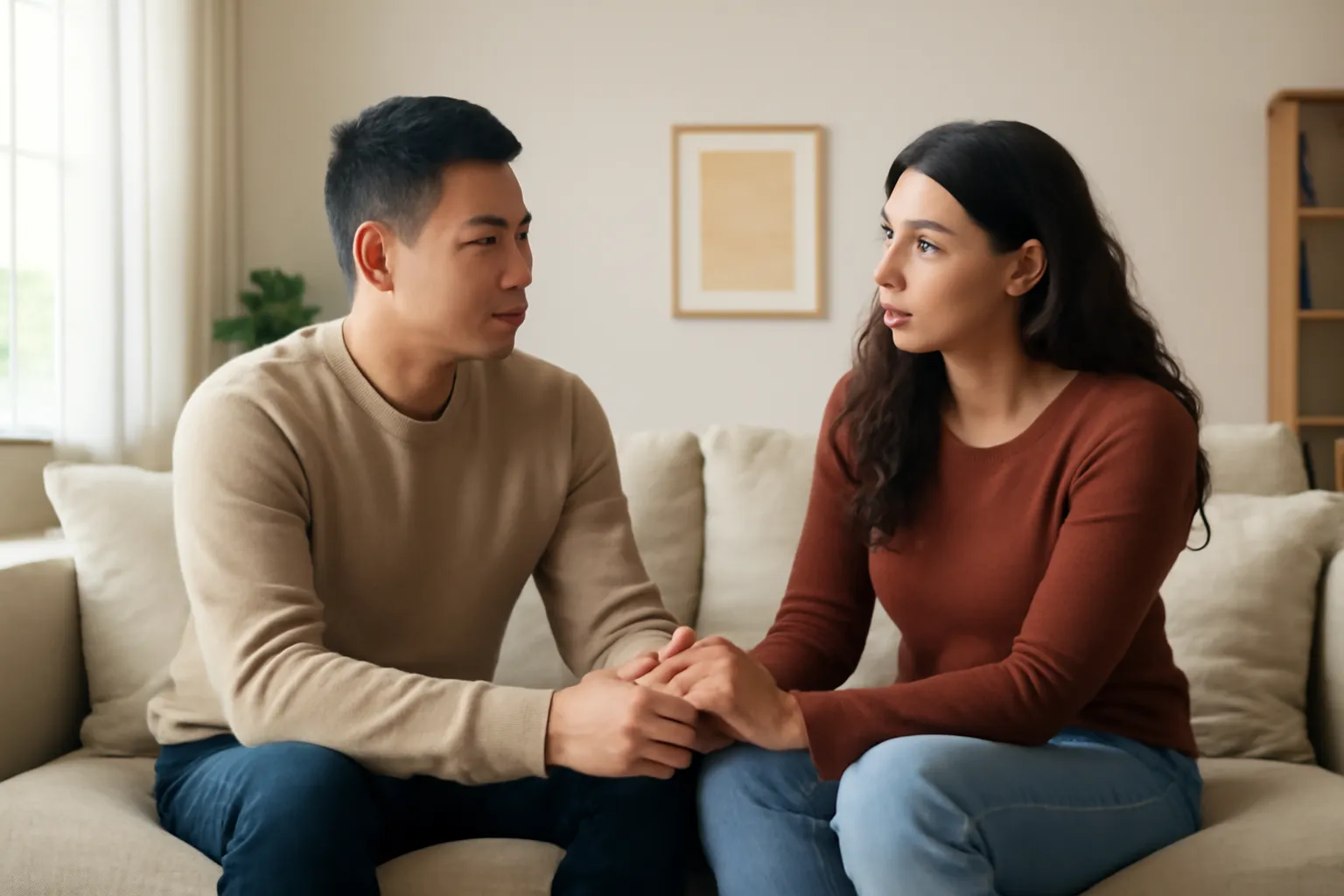 Couple interculturel discutant sagement assis sur un canapé, se tenant la main