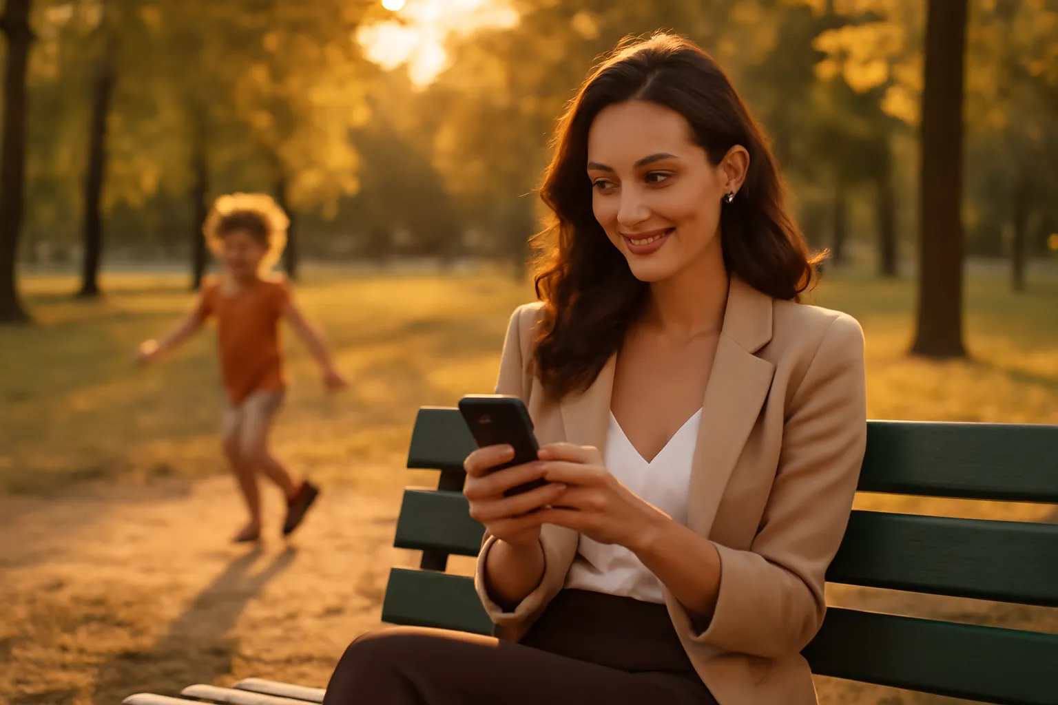 Femme souriante dans un parc au coucher du soleil, consultant son téléphone pendant qu'un enfant joue en arrière-plan