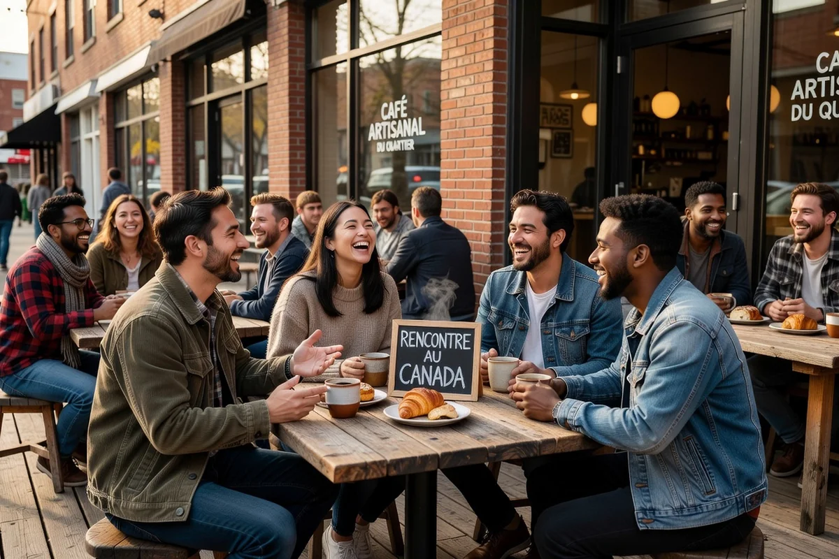 Adultes discutant joyeusement en terrasse d'un café artisanal du quartier Commercial Drive à Vancouver
