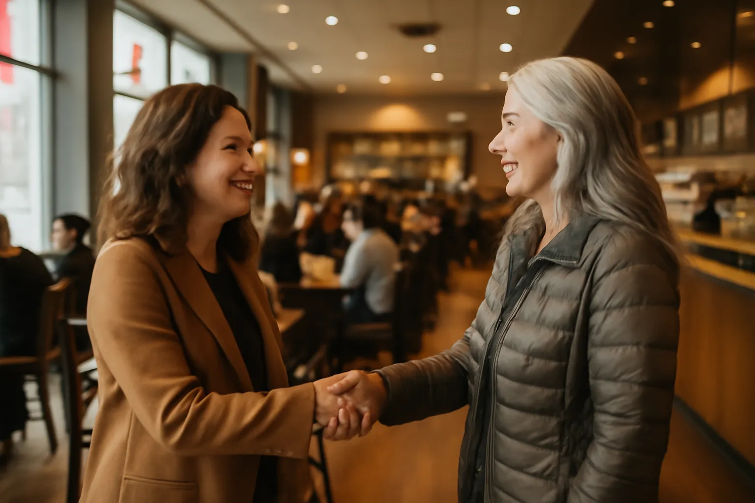 Deux femmes se serrant la main en souriant lors d'une première rencontre dans un café animé