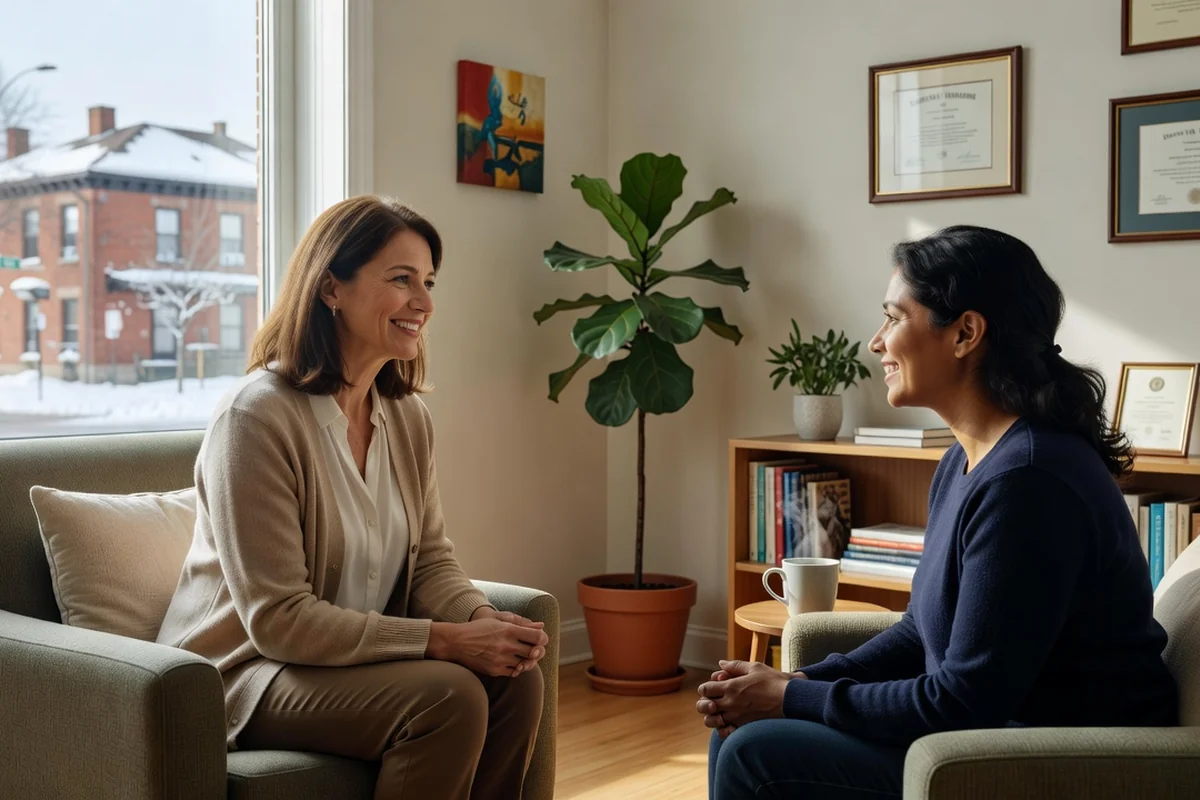Psychologue clinicienne quarantenaire accueillant une patiente dans un cabinet lumineux et chaleureux à Montréal