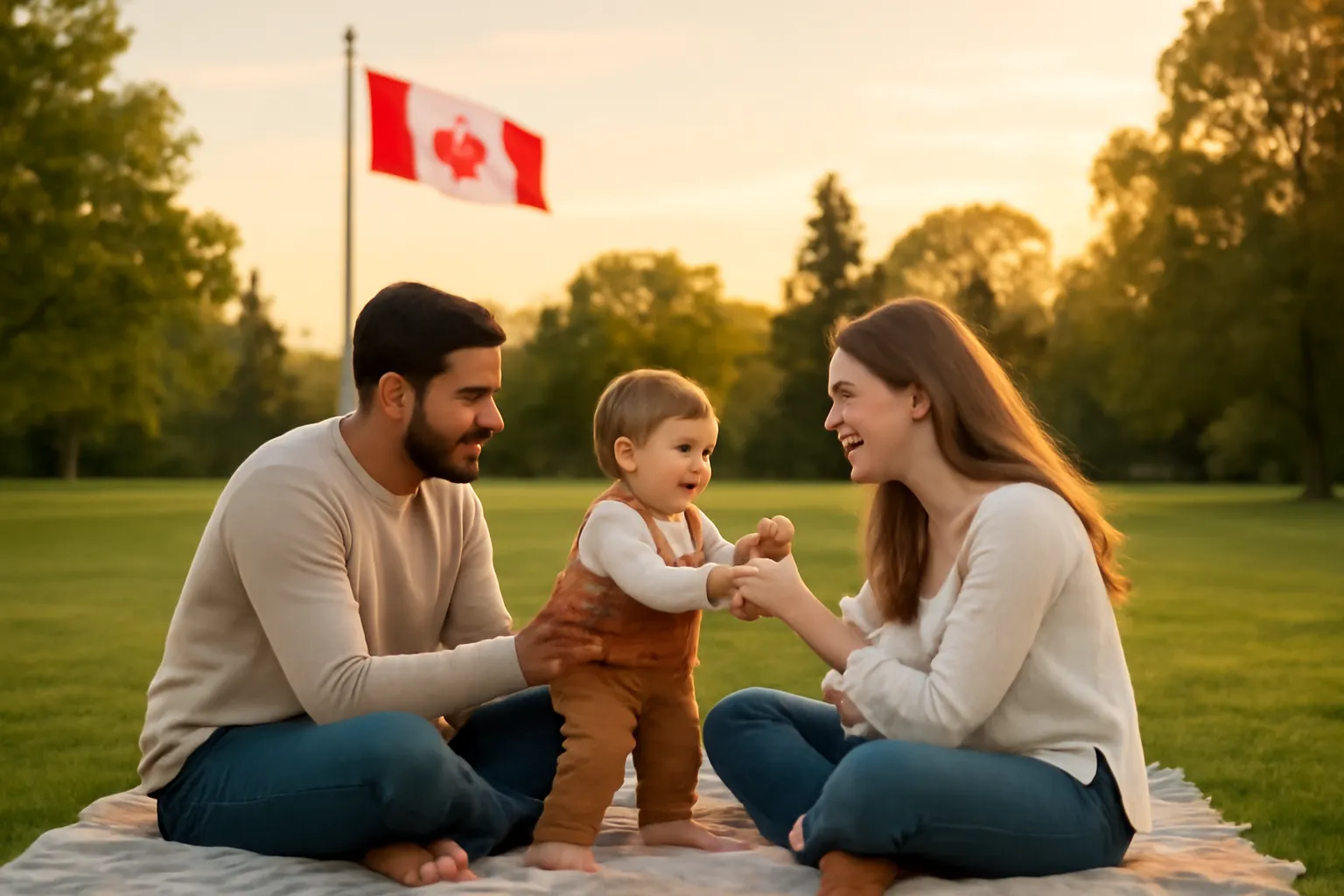 Famille interculturelle partageant un moment détendu dans un parc canadien
