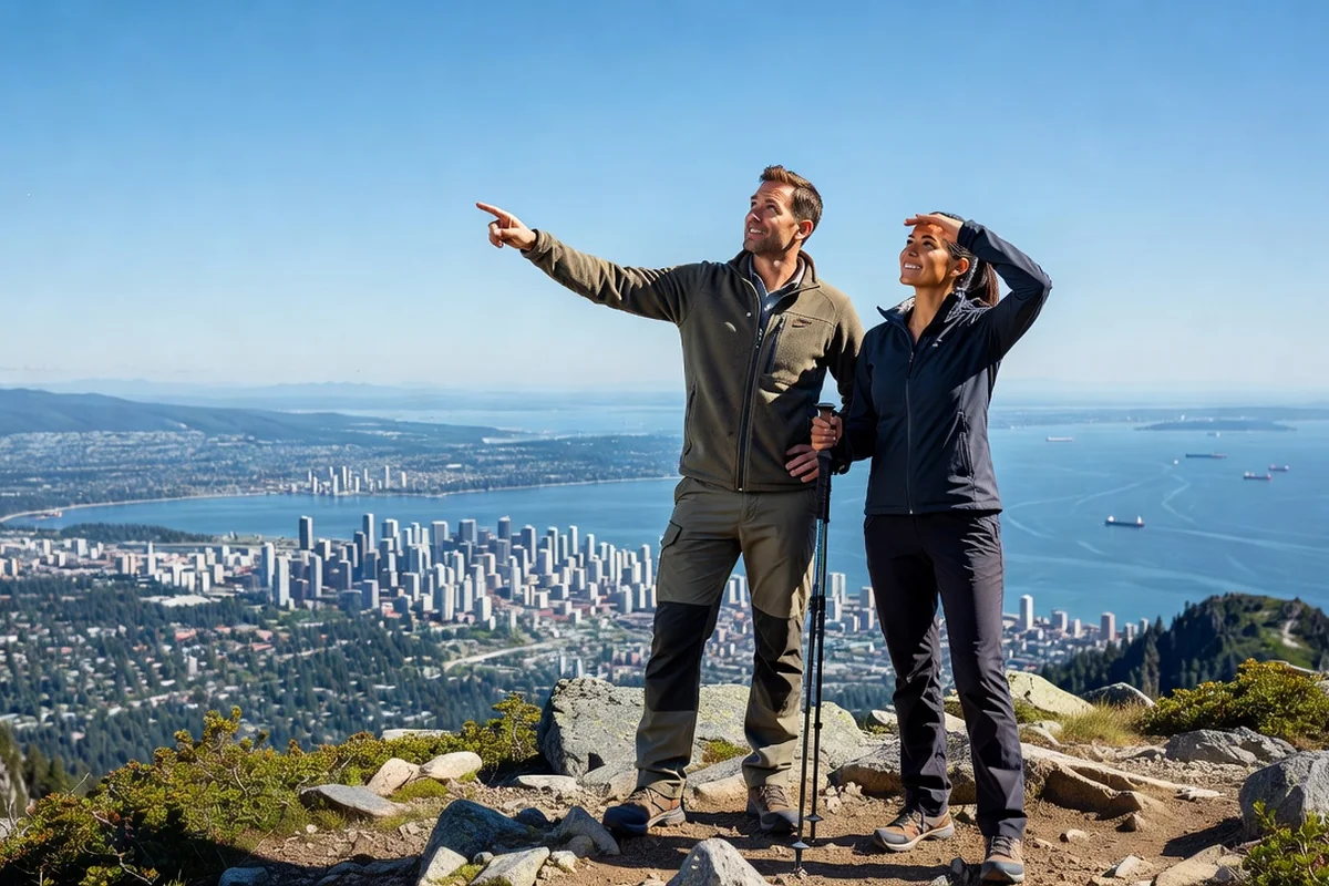Couple d'adultes en randonnée admirant la vue depuis Grouse Mountain avec la ville de Vancouver au loin