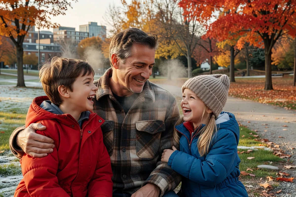 Père célibataire quarantenaire partageant un moment complice avec ses deux enfants dans un parc urbain canadien en fin d'après-midi