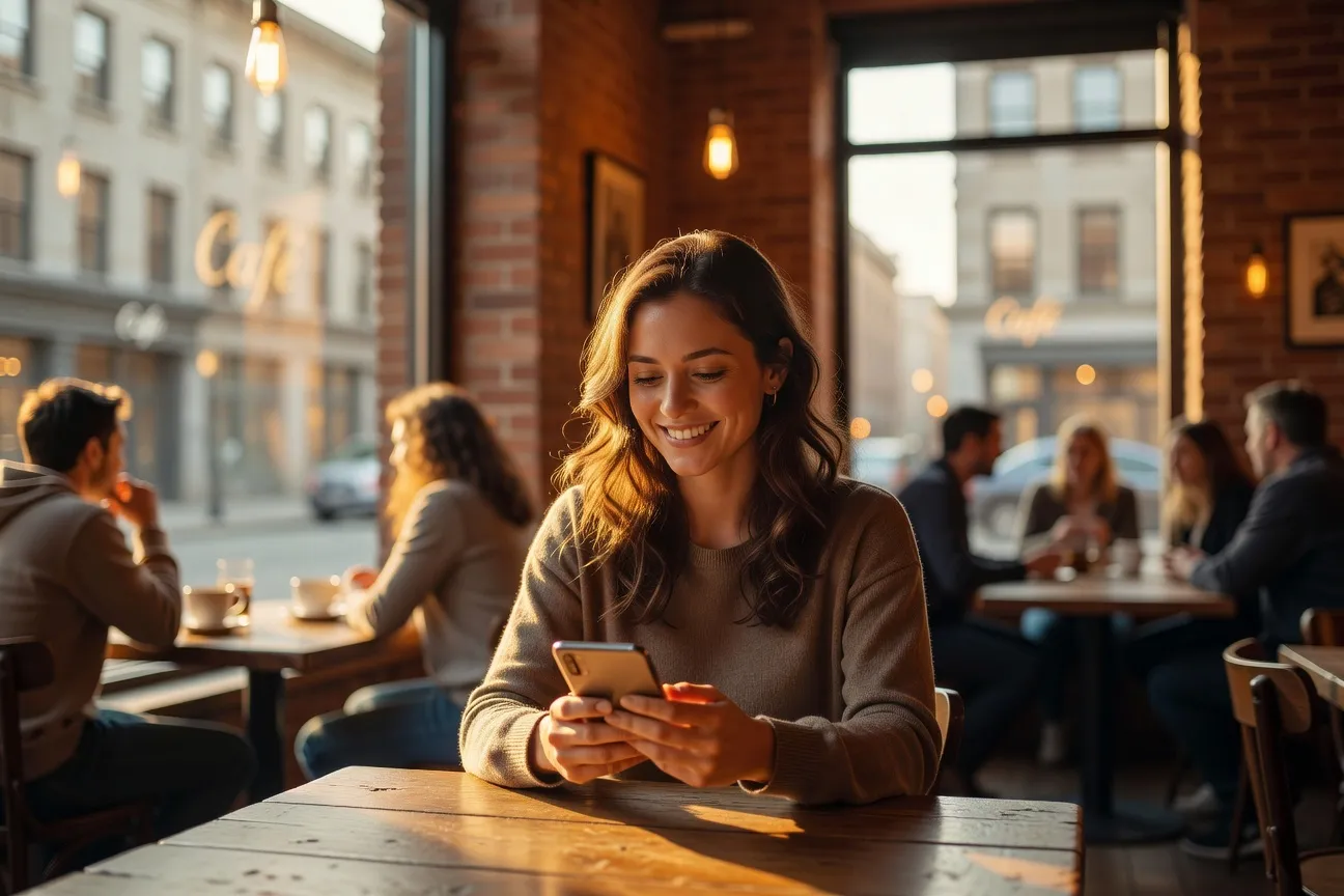 Femme québécoise utilisant Bumble dans un café de Montréal