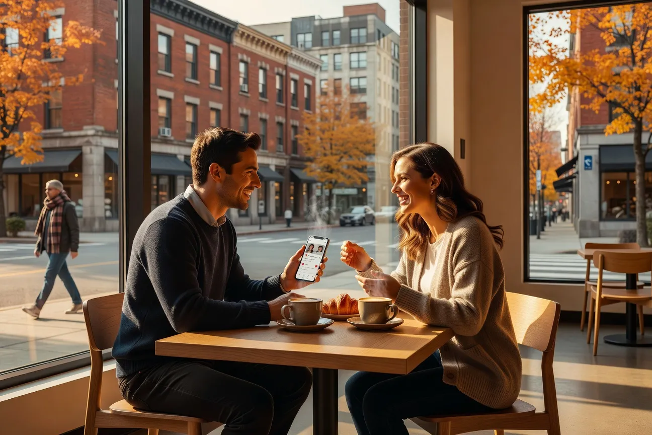 Couple québécois en rendez-vous dans un café montréalais grâce à Hinge