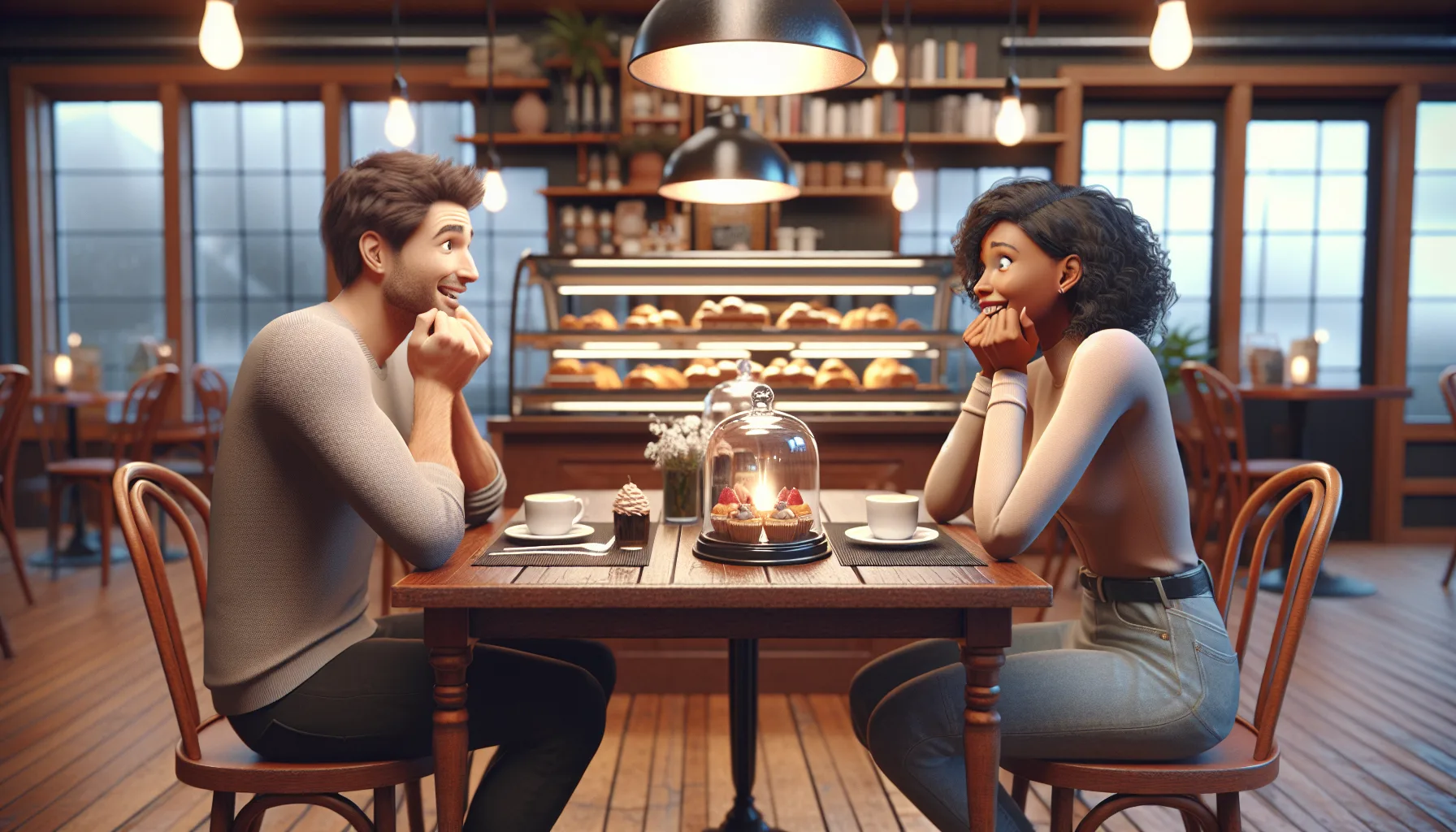Couple souriant lors d'un rendez-vous dans un cafe
